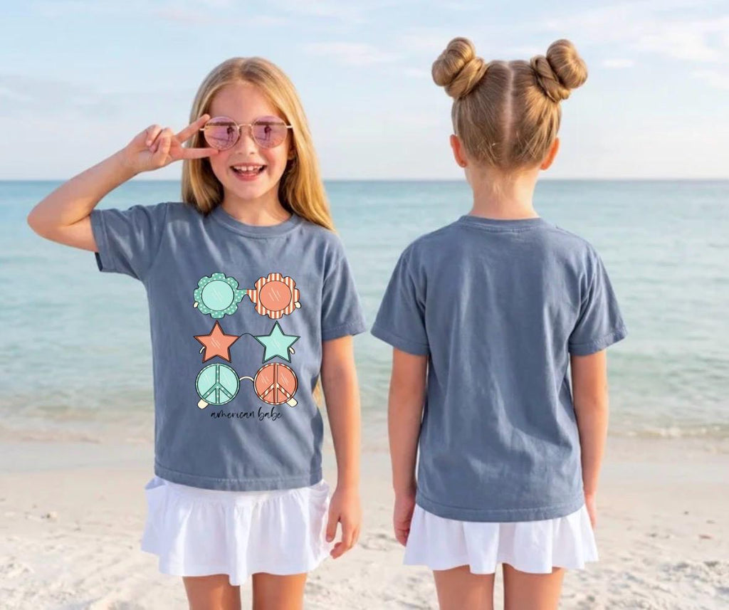 Girls 4th of July Shirt with Sunglasses, Patriotic Girls Tee, Independence Day Outfit, Cute July 4th Shirt for Girls
