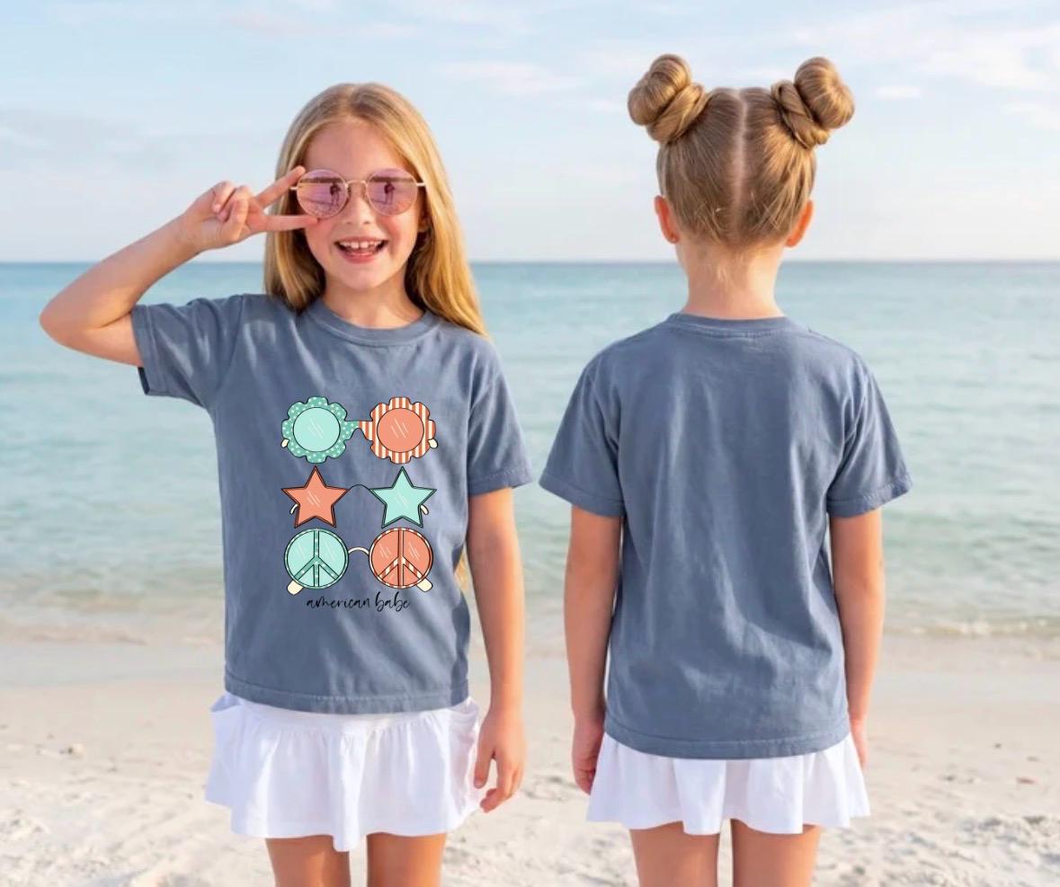 Girls 4th of July Shirt with Sunglasses, Patriotic Girls Tee, Independence Day Outfit, Cute July 4th Shirt for Girls