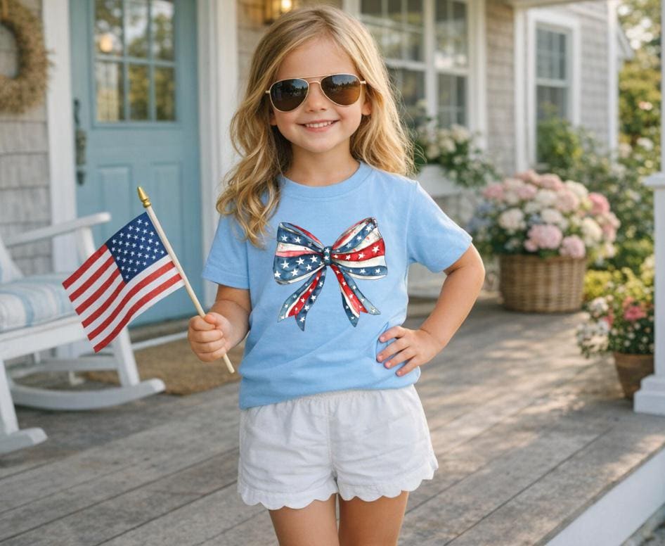 Toddler American Flag Bow Shirt | Fourth of July Toddler Tee | Patriotic Kids Shirt | USA Bow Graphic Tee | Independence Day Outfit Girl