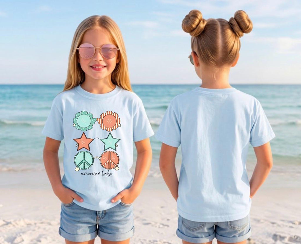 Girls 4th of July Shirt with Sunglasses, Patriotic Girls Tee, Independence Day Outfit, Cute July 4th Shirt for Girls