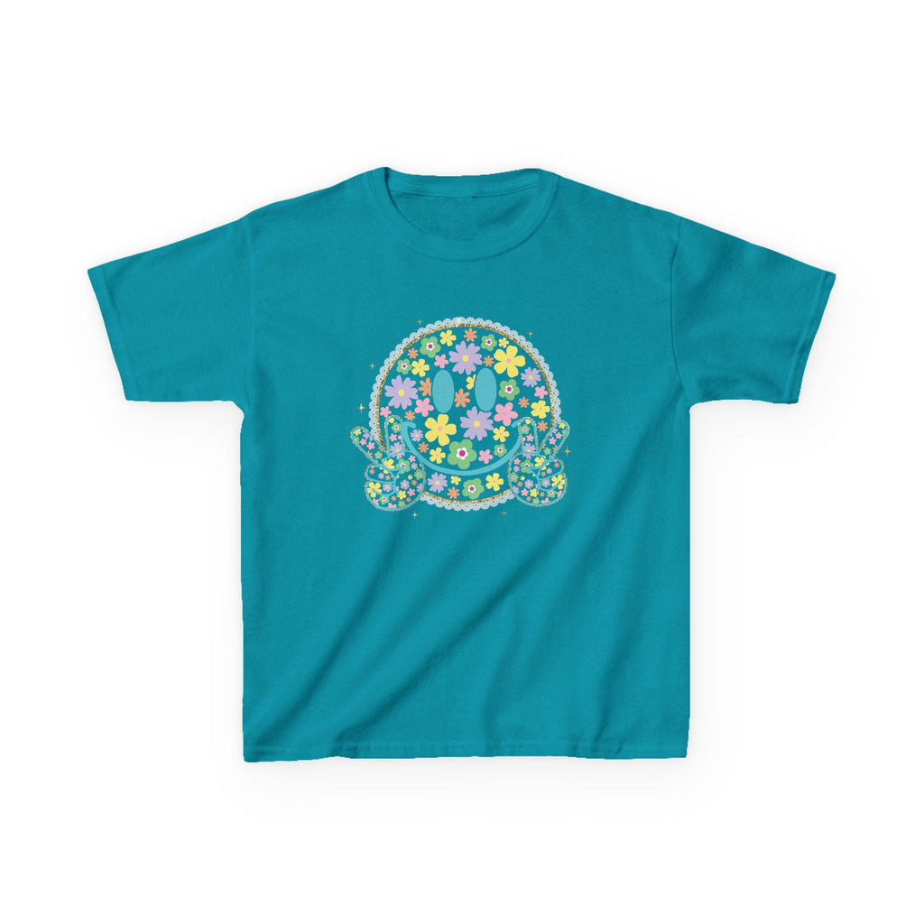 Floral Smiley Face Youth Shirt, Bright Color Happy Tee for Kids, Retro Flower Smile T-Shirt, Trendy Positive Vibes Graphic Tee