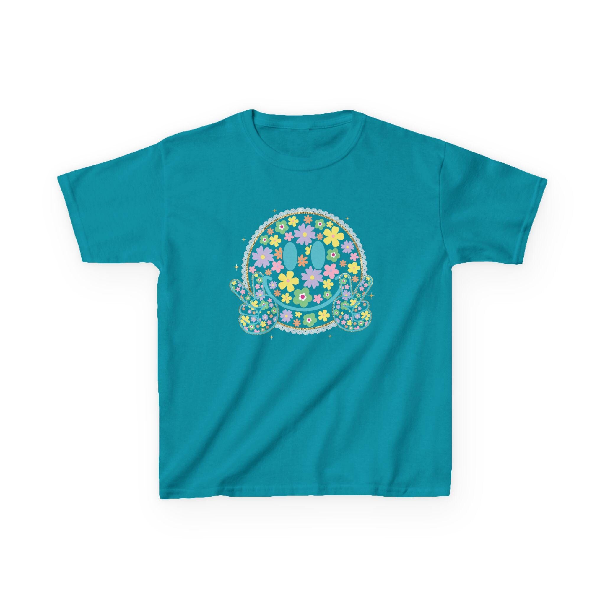 Floral Smiley Face Youth Shirt, Bright Color Happy Tee for Kids, Retro Flower Smile T-Shirt, Trendy Positive Vibes Graphic Tee