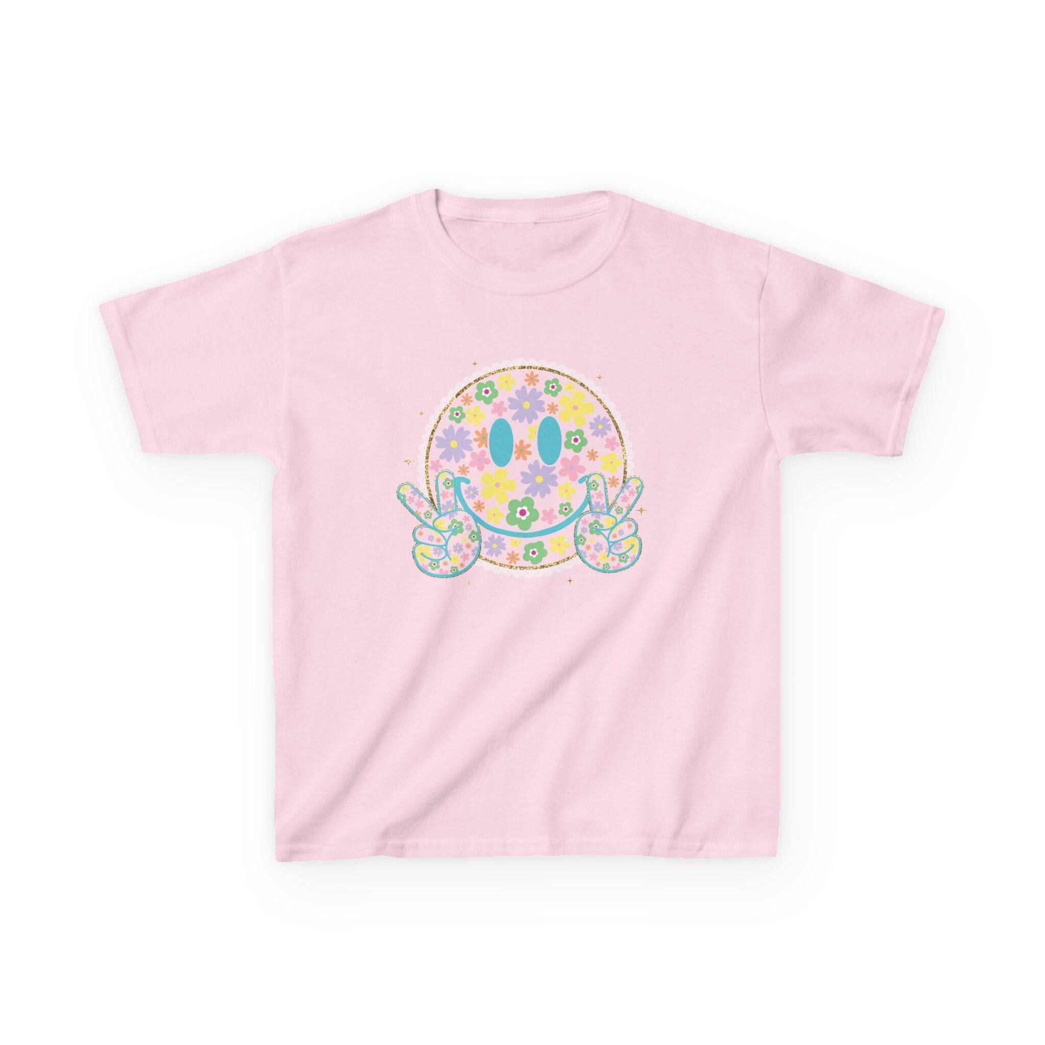Floral Smiley Face Youth Shirt, Bright Color Happy Tee for Kids, Retro Flower Smile T-Shirt, Trendy Positive Vibes Graphic Tee