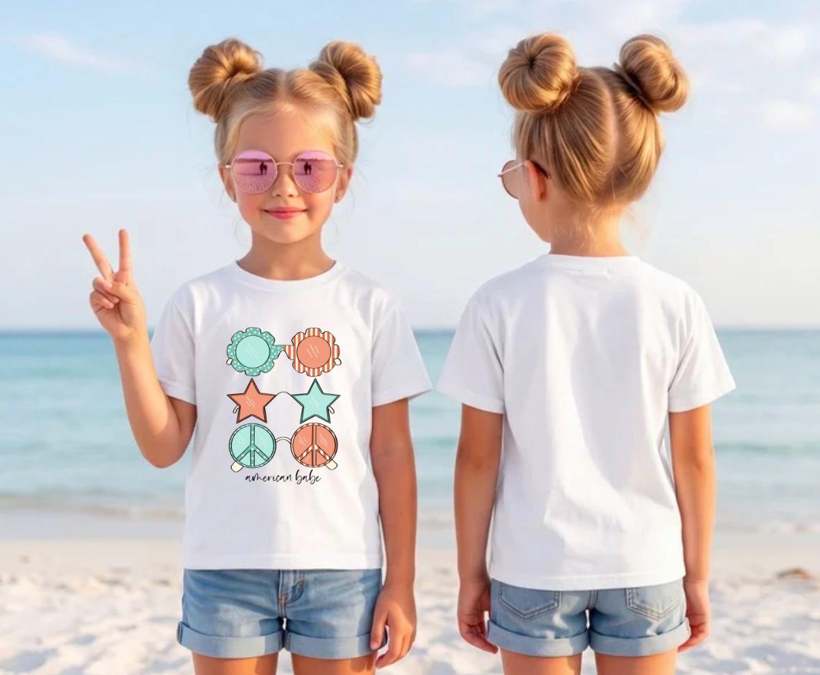 Girls 4th of July Shirt with Sunglasses, Patriotic Girls Tee, Independence Day Outfit, Cute July 4th Shirt for Girls