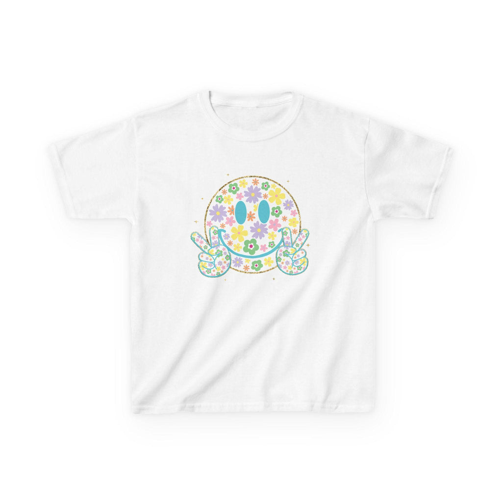 Floral Smiley Face Youth Shirt, Bright Color Happy Tee for Kids, Retro Flower Smile T-Shirt, Trendy Positive Vibes Graphic Tee