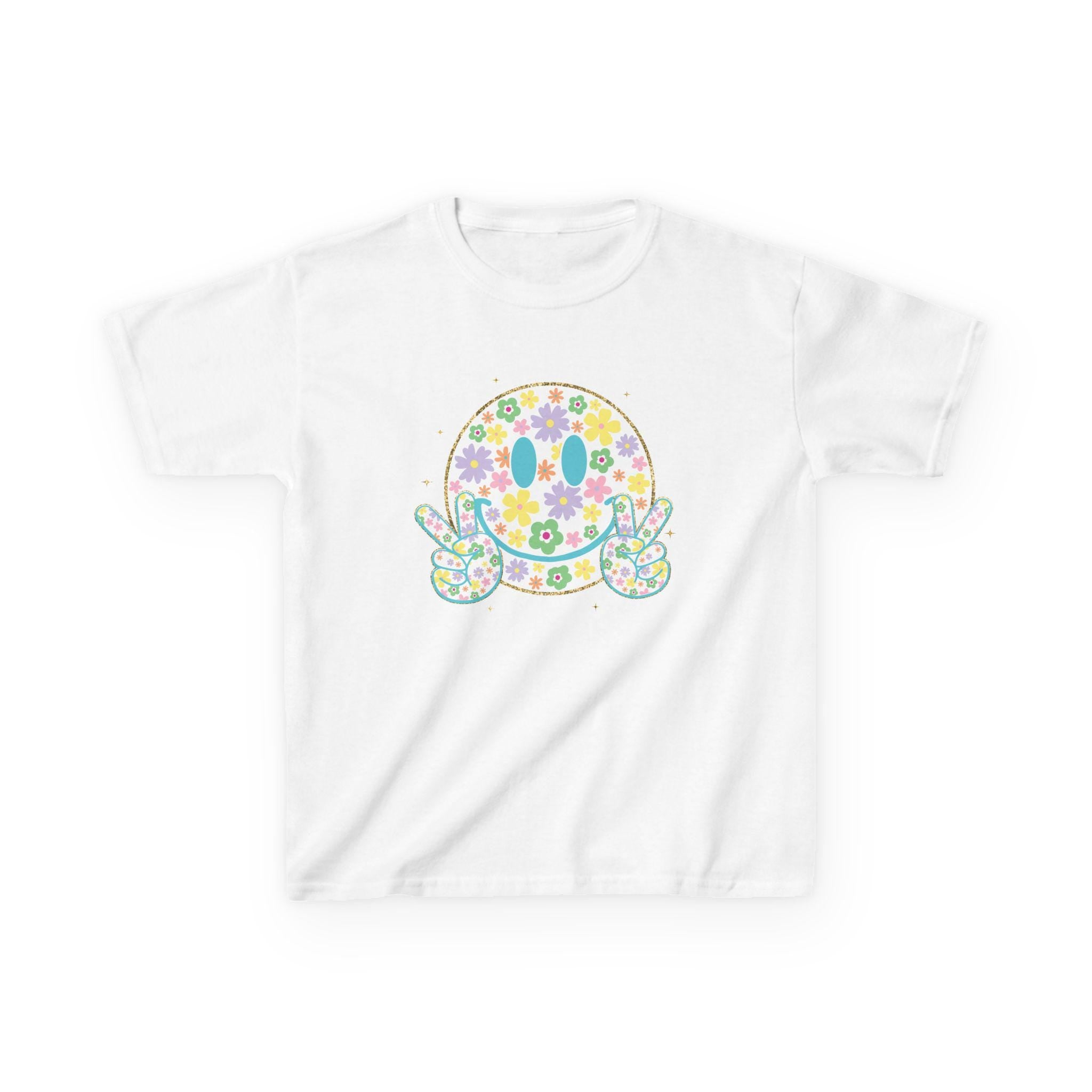 Floral Smiley Face Youth Shirt, Bright Color Happy Tee for Kids, Retro Flower Smile T-Shirt, Trendy Positive Vibes Graphic Tee