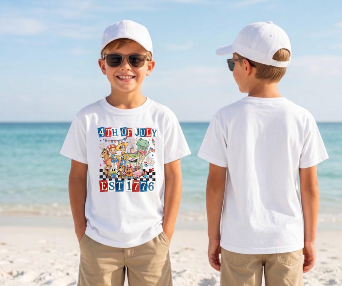 Toy Story Fourth of July Kids Tee | Patriotic Buzz Woody Fireworks