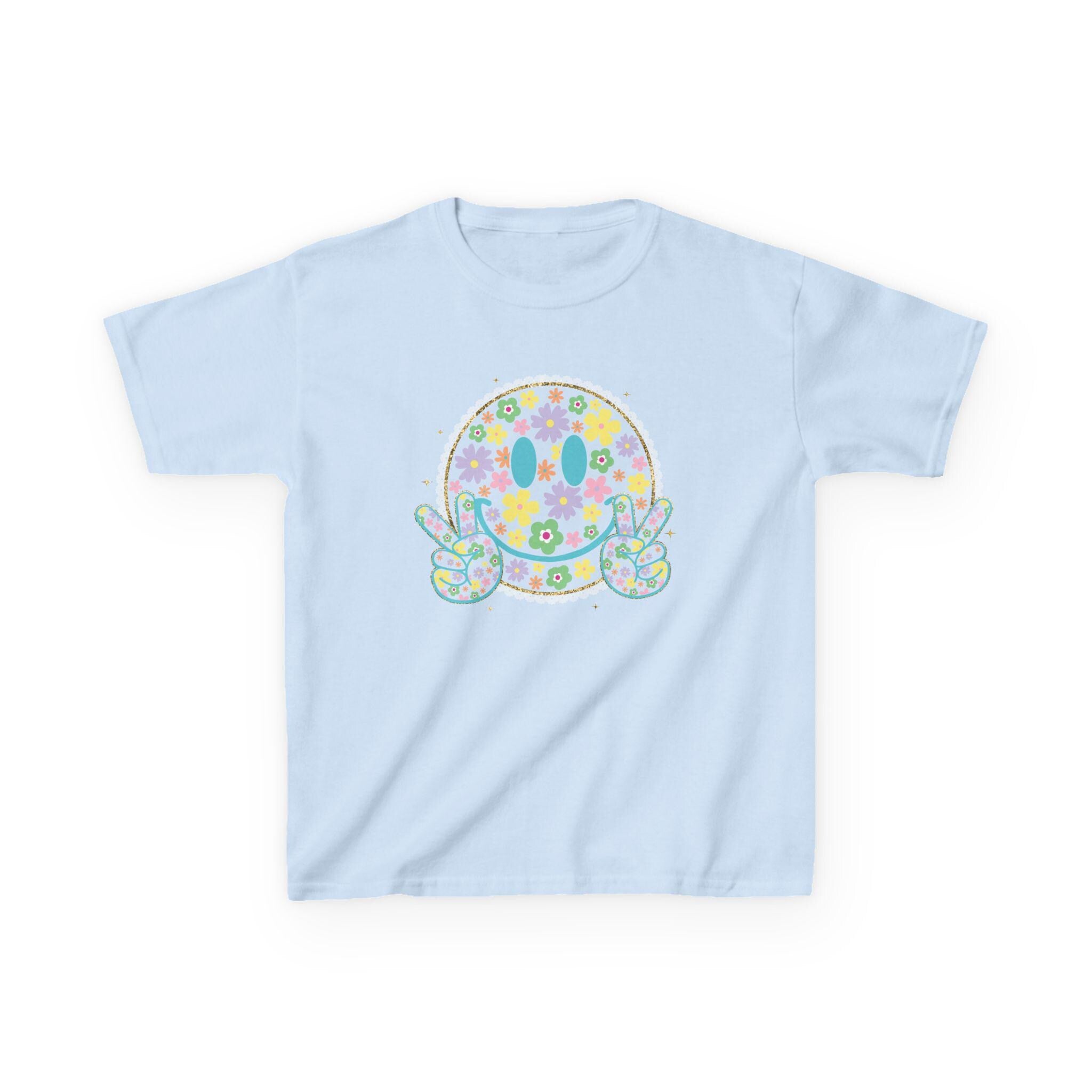 Floral Smiley Face Youth Shirt, Bright Color Happy Tee for Kids, Retro Flower Smile T-Shirt, Trendy Positive Vibes Graphic Tee