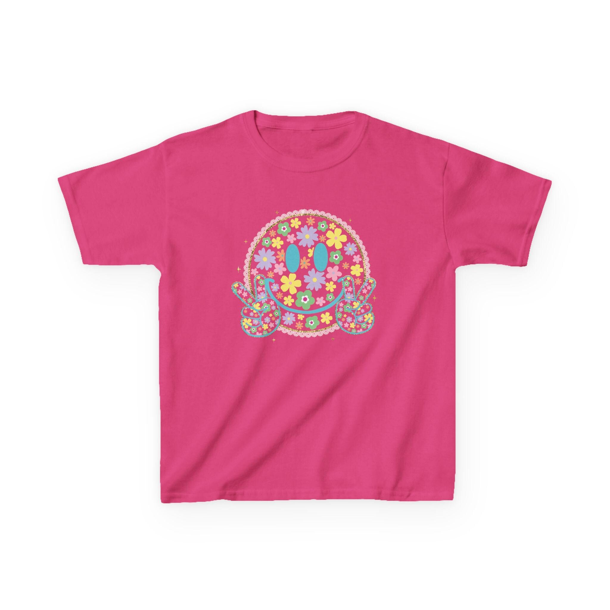 Floral Smiley Face Youth Shirt, Bright Color Happy Tee for Kids, Retro Flower Smile T-Shirt, Trendy Positive Vibes Graphic Tee