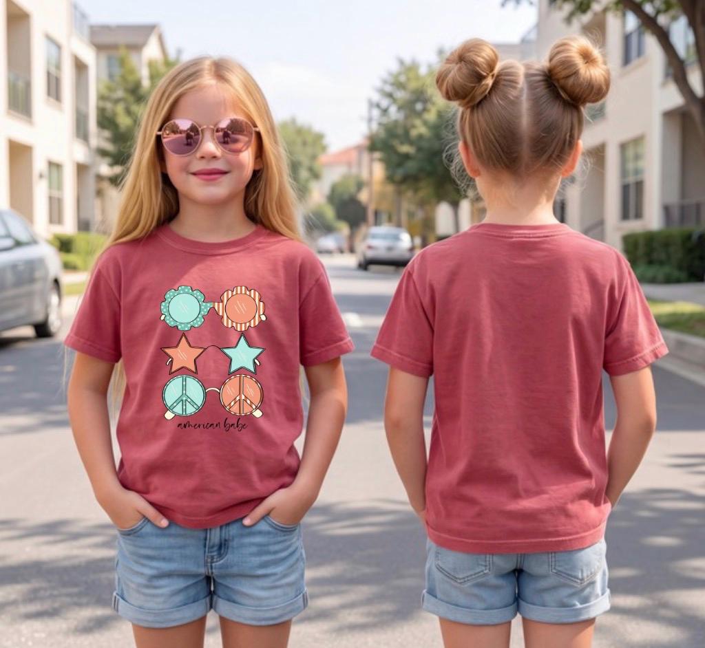 Girls 4th of July Shirt with Sunglasses, Patriotic Girls Tee, Independence Day Outfit, Cute July 4th Shirt for Girls