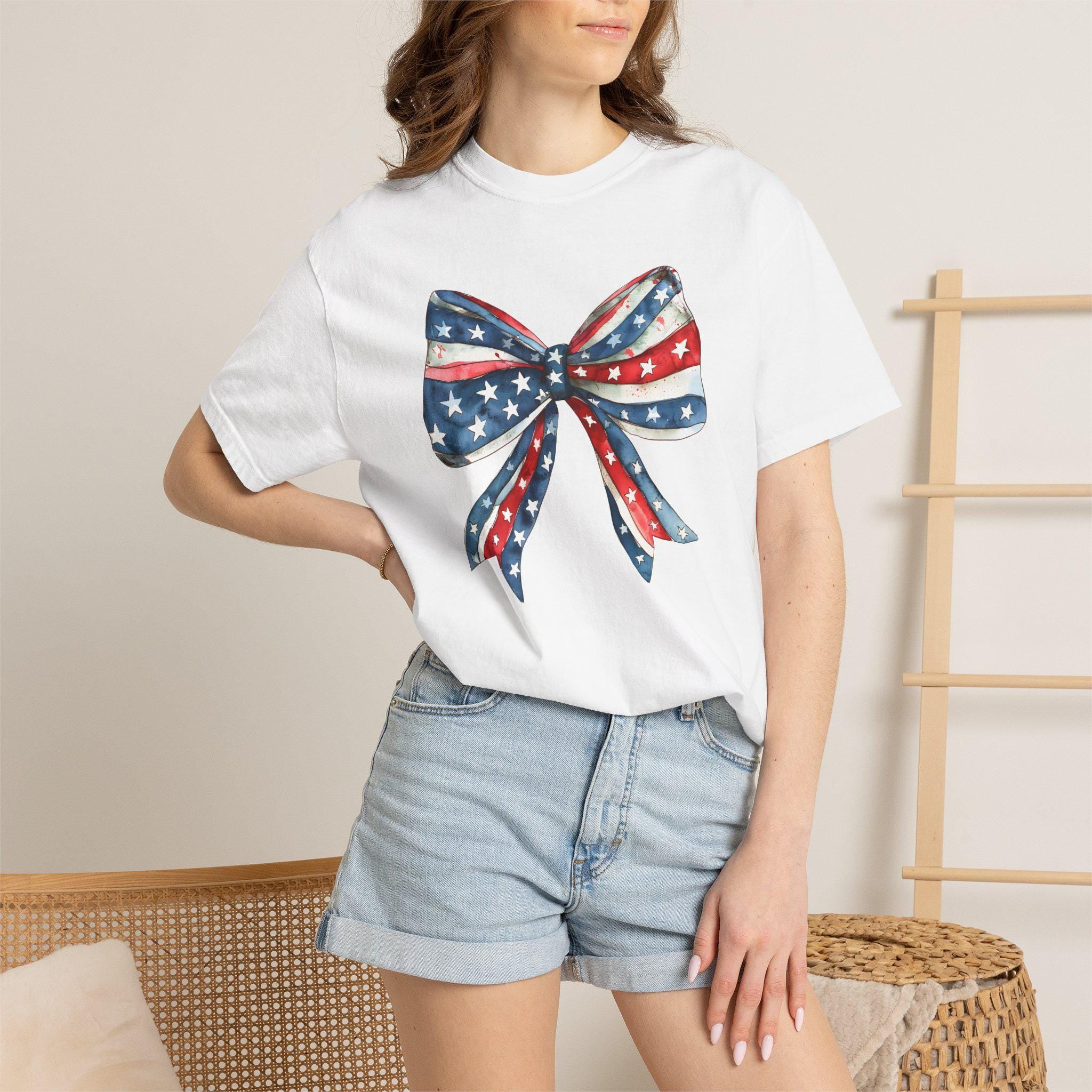 Patriotic Bow Shirt | 4th of July Coquette Tee | Red White Blue Bow T-Shirt | USA Independence Day Shirt | American Girl Summer Tee