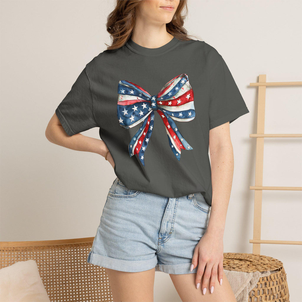 Patriotic Bow Shirt | 4th of July Coquette Tee | Red White Blue Bow T-Shirt | USA Independence Day Shirt | American Girl Summer Tee