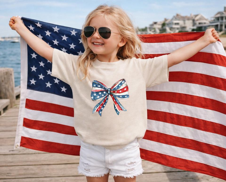 Toddler American Flag Bow Shirt | Fourth of July Toddler Tee | Patriotic Kids Shirt | USA Bow Graphic Tee | Independence Day Outfit Girl